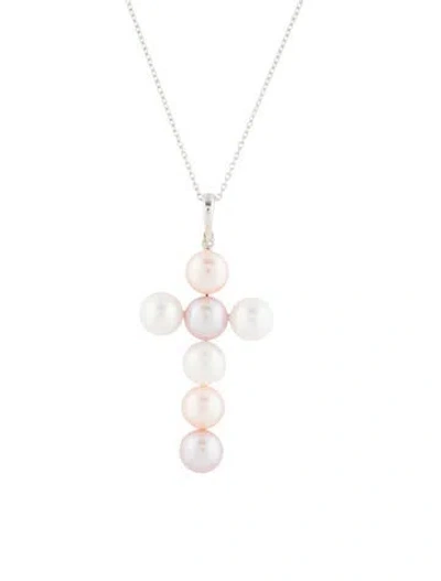Pre-owned Pendant 14k Pearl Cross  Necklace, 18" In Multi