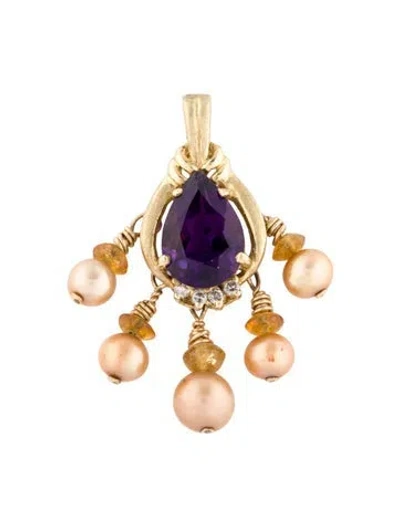 Pre-owned Pendant 14k Pearl, Diamond & 3.48ct Amethyst , 1.5" In Multi