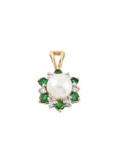 Pre-owned Pendant 14k Pearl, Emerald & Diamond Starburst , 0.75" In Multi