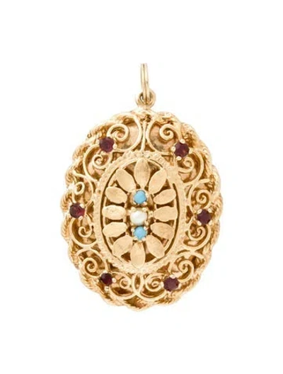 Pre-owned Pendant 14k Pearl, Garnet & Glass  In Multi