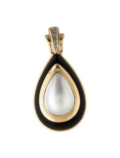 Pre-owned Pendant 14k Pearl, Onyx & Diamond Teardrop  In Multi