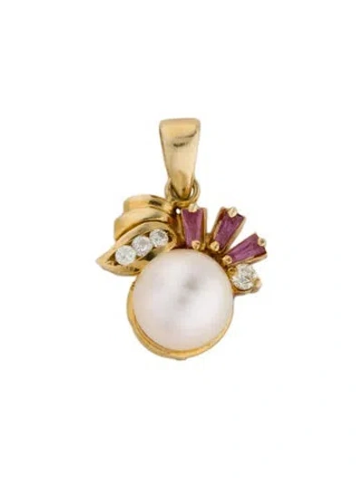 Pre-owned Pendant 14k Pearl, Ruby & Diamond  In Multi