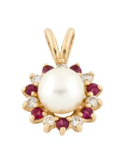 Pre-owned Pendant 14k Pearl, Ruby & Diamond  In Multi