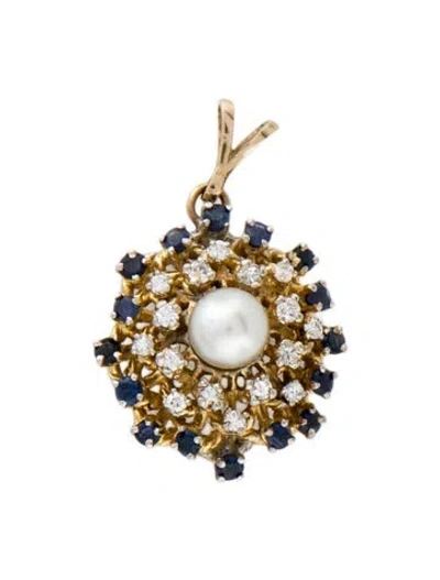 Pre-owned Pendant 14k Pearl, Sapphire & Diamond , 1.25" In Multi