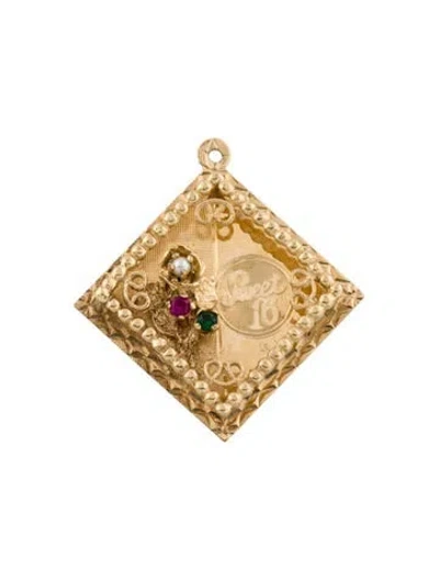 Pre-owned Pendant 14k Pearl, Synthetic Spinel & Synthetic Ruby Sweet 16 , 1.25" In Multi