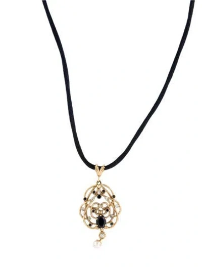 Pre-owned Pendant 14k Pearl,sapphire & Diamond  Necklace, 34" In Blue