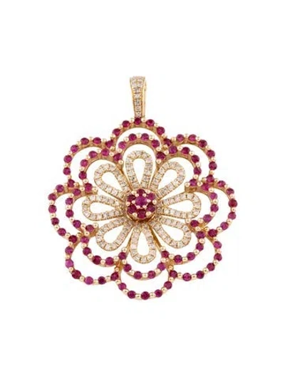 Pre-owned Pendant 14k Ruby & Diamond Floral  In Multi