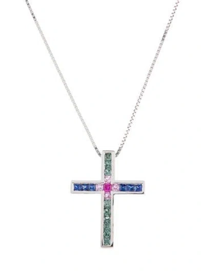 Pre-owned Pendant 14k Ruby & Sapphire Cross  Necklace, 17" In Multi