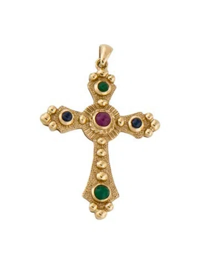Pre-owned Pendant 14k Ruby, Sapphire & Emerald Cross , 2" In Multi