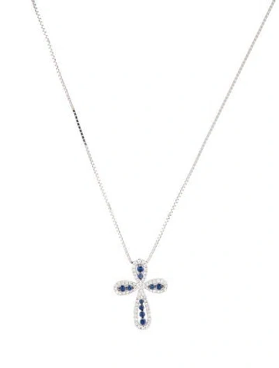 Pre-owned Pendant 14k Sapphire & Diamond Cross  Necklace, 17" In Multi
