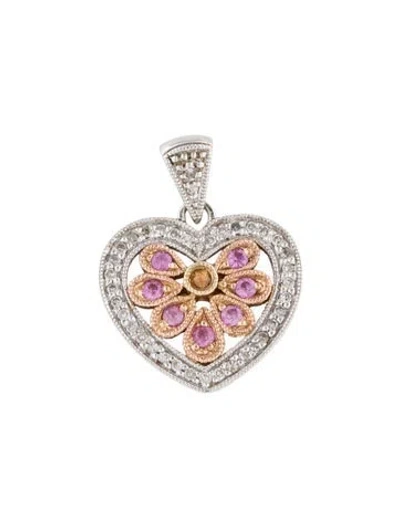 Pre-owned Pendant 14k Sapphire & Diamond Floral Heart  In Multi