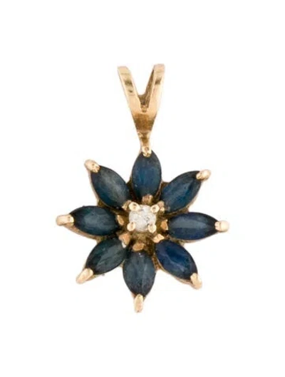Pre-owned Pendant 14k Sapphire & Diamond Flower , 0.75" In Multi