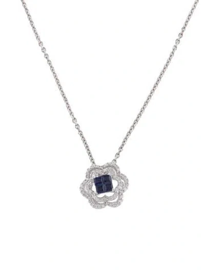 Pre-owned Pendant 14k Sapphire & Diamond Flower  Necklace, 17.25" In Multi