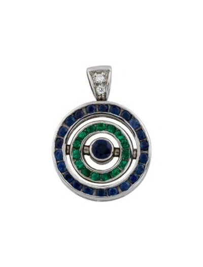 Pre-owned Pendant 14k Sapphire & Emerald & Diamond  In Multi