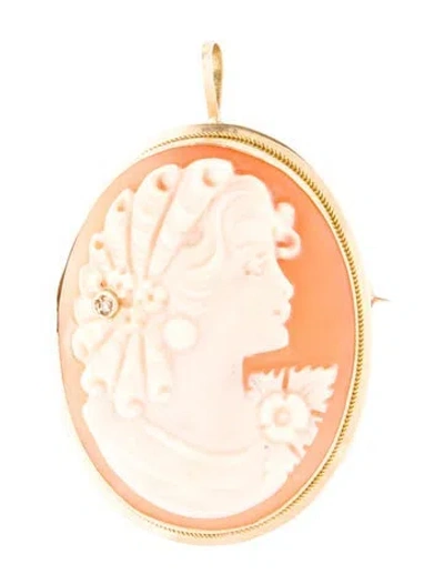 Pre-owned Pendant 14k Shell & Diamond Cameo  Brooch Pin In Multi