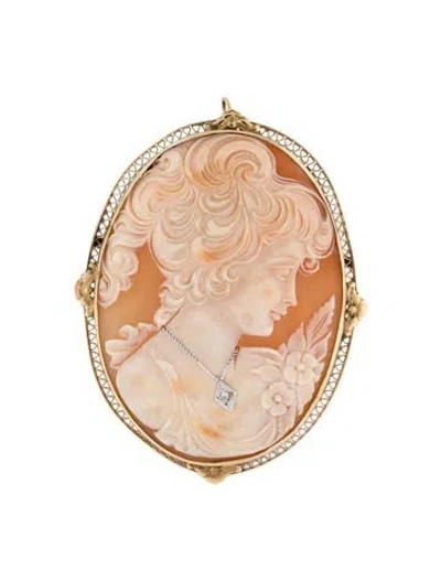 Pre-owned Pendant 14k Shell Cameo & Diamond Brooch  In Multi