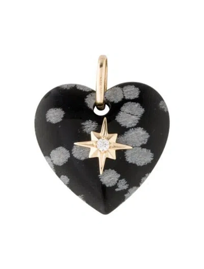 Pre-owned Pendant 14k Snowflake Obsidian & Diamond Heart  In Multi