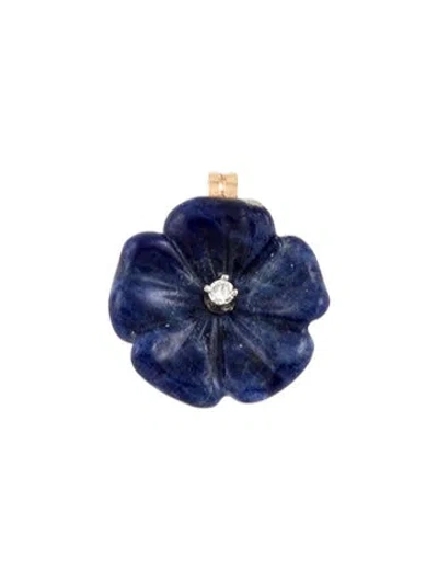 Pre-owned Pendant 14k Sodalite & Diamond Carved Flower  In Multi