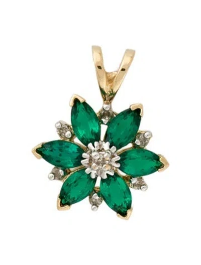 Pre-owned Pendant 14k Synthetic Emerald & Diamond Flower  In Multi