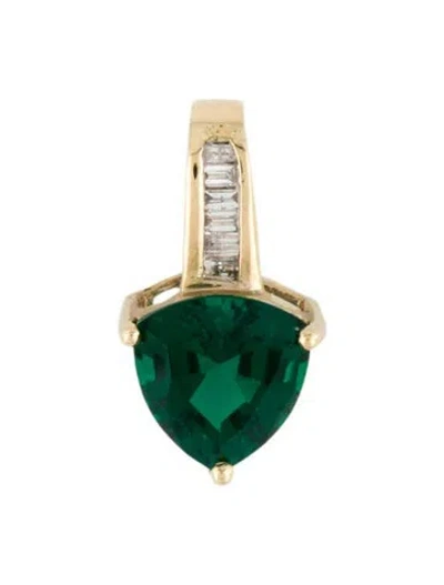 Pre-owned Pendant 14k Synthetic Emerald & Diamond  In Multi