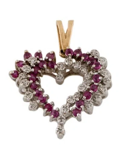Pre-owned Pendant 14k Two-tone Ruby & Diamond Heart , 1.25" In Multi