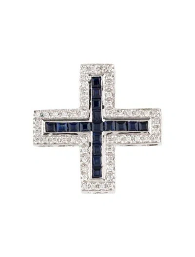 Pre-owned Pendant 18k 1.24ctw Sapphire & Diamond Cross  In Multi