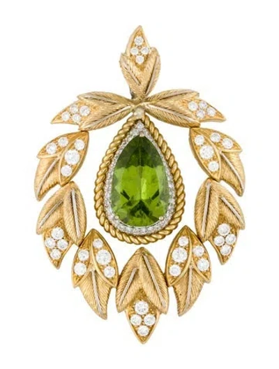 Pre-owned Pendant 18k 5.67ct Peridot & Diamond Floral  Necklace, 1.5" In Multi