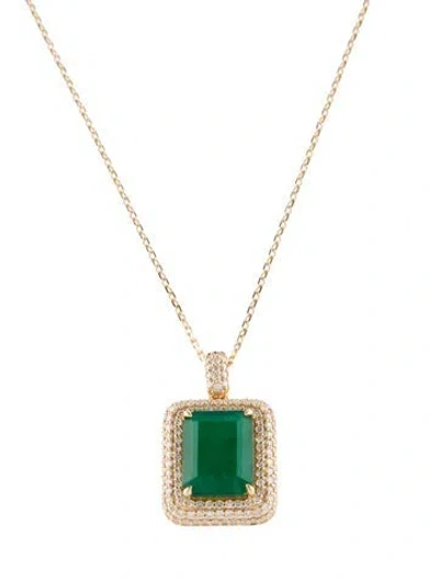 Pre-owned Pendant 18k 6.58ct Emerald & Diamond  Necklace, 18" In Multi