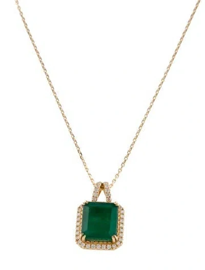 Pre-owned Pendant 18k 7.42ct Emerald & Diamond  Necklace, 18" In Multi