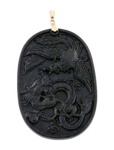 Pre-owned Pendant 18k Carved Jadeite Dragon & Phoenix  In Multi