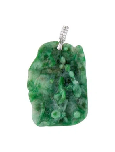 Pre-owned Pendant 18k Dyed Jadeite & Diamond Carved In Multi