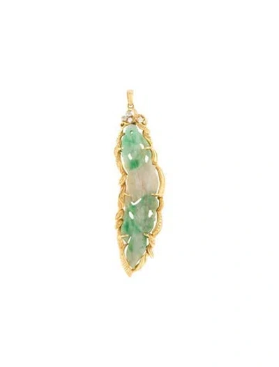 Pre-owned Pendant 18k Dyed Jadeite & Diamond Leaf  In Multi