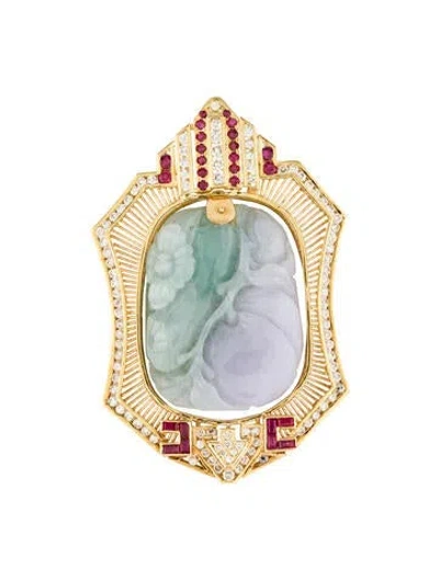 Pre-owned Pendant 18k Dyed Jadeite, Ruby & Diamond Carved Slide  In Multi