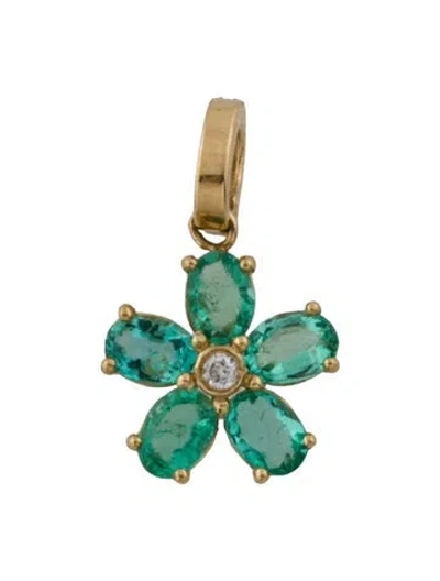 Pre-owned Pendant 18k Emerald & Diamond Flower  In Multi