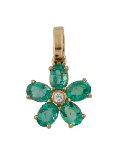 Pre-owned Pendant 18k Emerald & Diamond Flower  In Multi