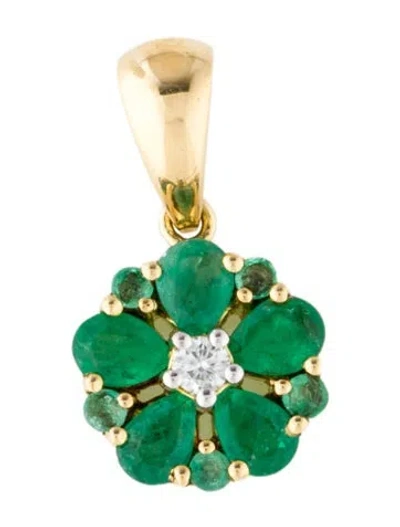 Pre-owned Pendant 18k Emerald & Diamond Flower  In Multi