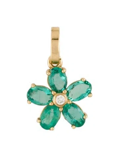 Pre-owned Pendant 18k Emerald & Diamond Flower  In Multi