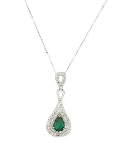 Pre-owned Pendant 18k Emerald & Diamond  Necklace, 16" In Multi