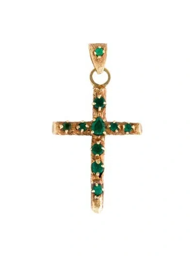 Pre-owned Pendant 18k Emerald Cross  In Multi