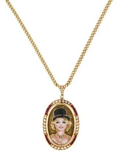 Pre-owned Pendant 18k Enamel, Ruby & Diamond Figurative Roaring Twenties  Necklace, 15" In Multi
