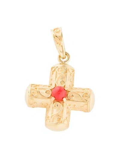 Pre-owned Pendant 18k Glass Cross  In Orange