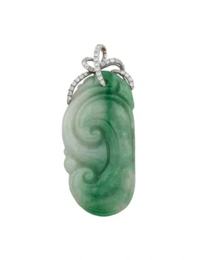 Pre-owned Pendant 18k Jadeite & Diamond Carved In Multi