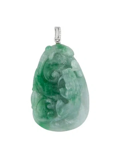 Pre-owned Pendant 18k Jadeite & Diamond Dragon Carved In Multi