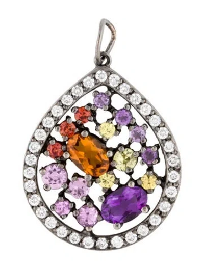 Pre-owned Pendant 18k Multistone & Diamond  Necklace, 1.25"
