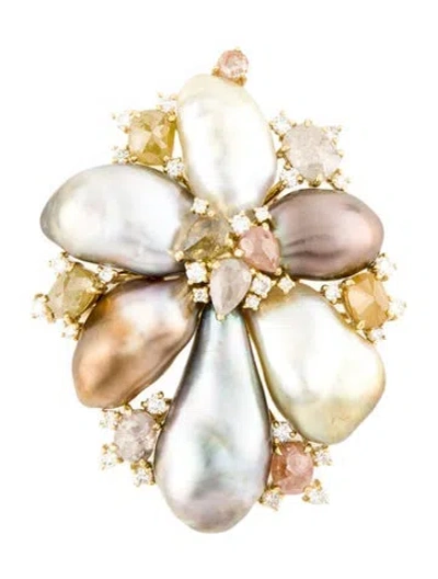 Pre-owned Pendant 18k Pearl & Diamond Cluster  Brooch In Multi