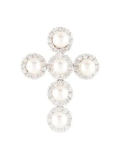 Pre-owned Pendant 18k Pearl & Diamond Cross , 1.5" In Multi