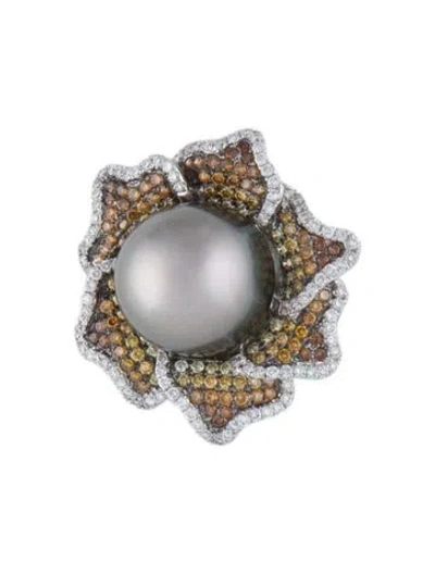 Pre-owned Pendant 18k Pearl & Diamond Flower  Necklace In Multi