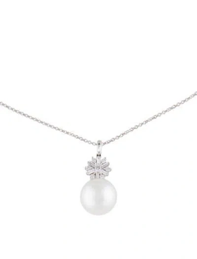 Pre-owned Pendant 18k Pearl & Diamond  Necklace, 15.5" In Multi