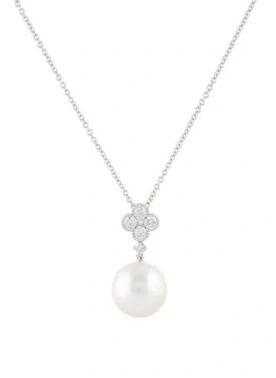 Pre-owned Pendant 18k Pearl & Diamond  Necklace, 15.75" In Multi