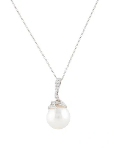 Pre-owned Pendant 18k Pearl & Diamond  Necklace, 15.75" In Multi